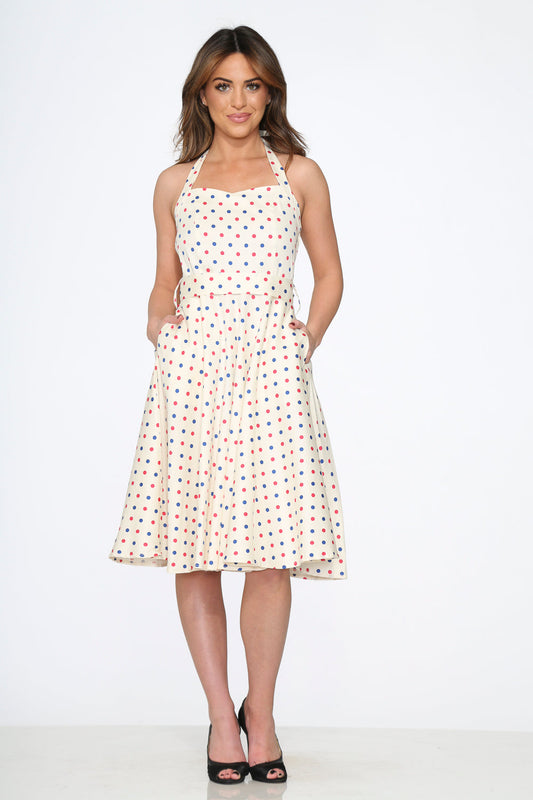 23232 White Candy Dot Halter Swing Dress