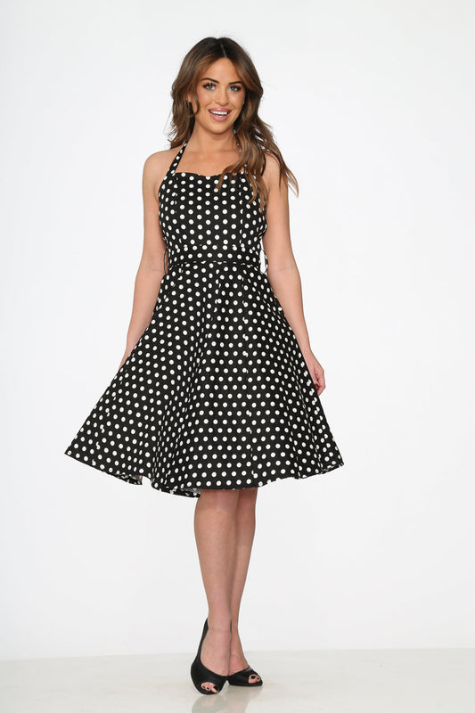 Black & White Polka Dot Halter Swing Dress