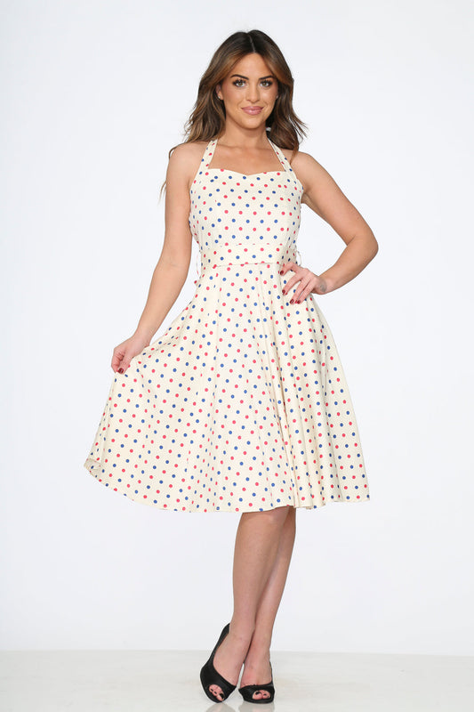 23232 White Candy Dot Halter Swing Dress
