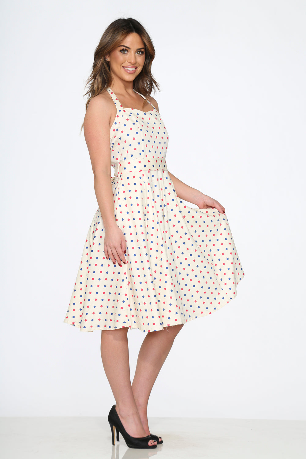 23232 White Candy Dot Halter Swing Dress